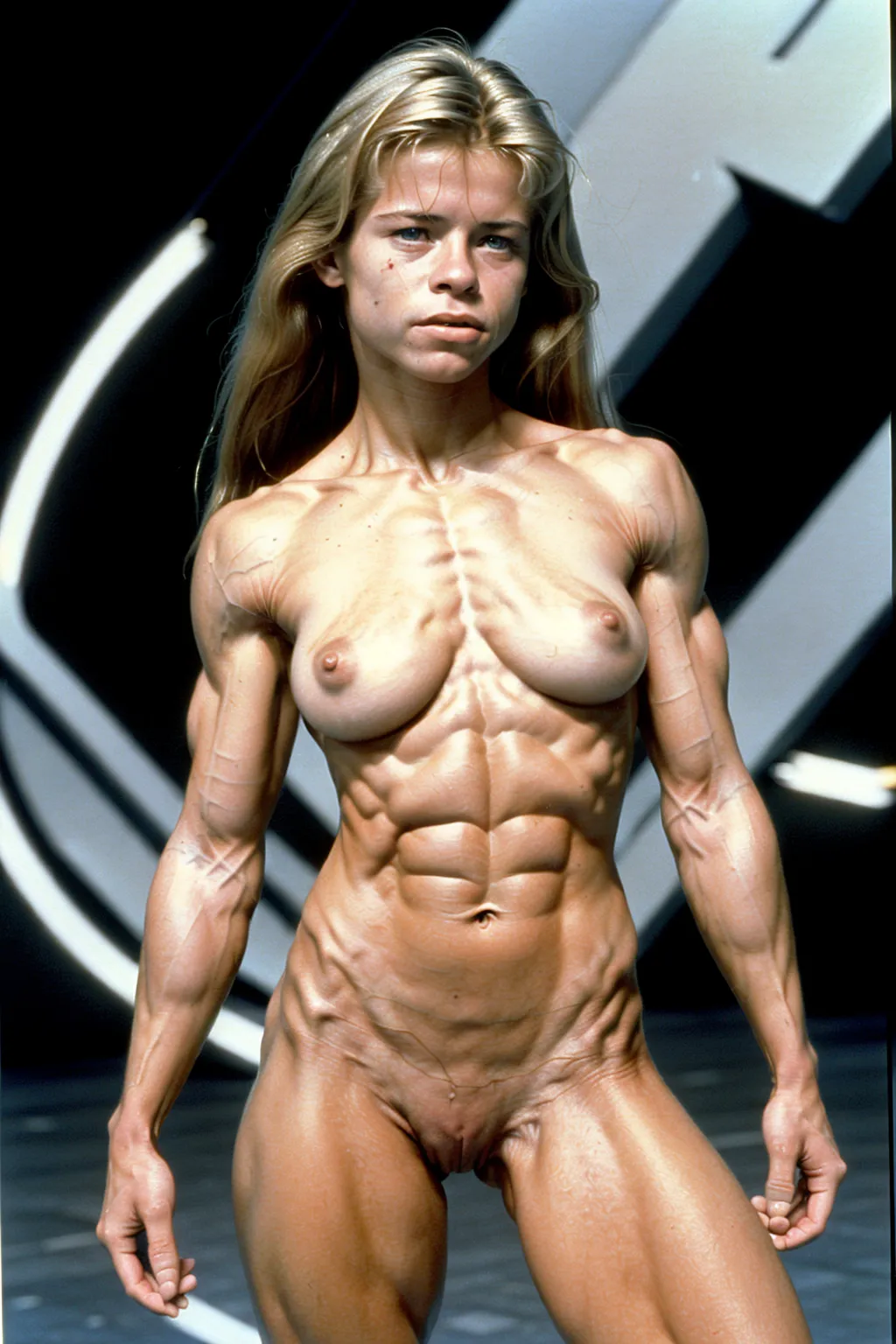 A very fit 18 year old fully naked Linda Hamilton, pleasure look on her face, flexing her abs, very low body fat, extremely lean body, perfect body, showing her vagina, standing on the set of a Terminator movie in 1991, fully nude, spreading her legs, perfectly shaped breast, blonde hair, spreading her legs wide open, perfect tan