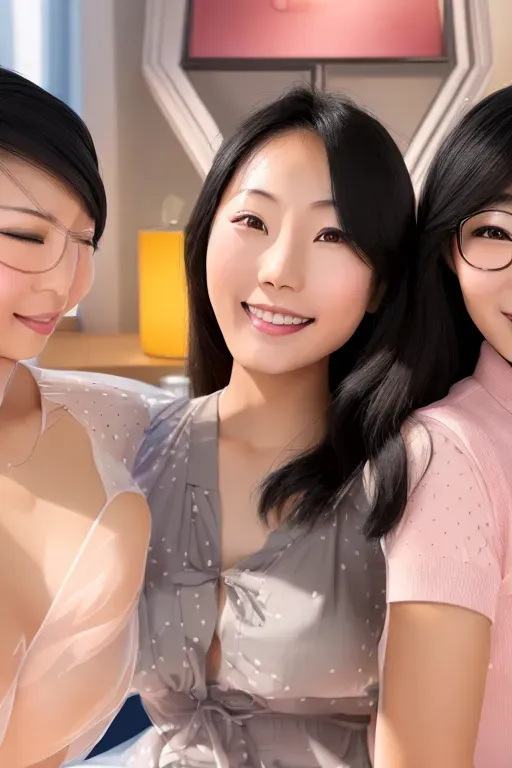 3 asian females, , ((showing their breasts)), ((presenting their vagina)), nudist people, fully nude, highly detailed, correct human anatomy, shy, blushing, breasts, , highly detailed, , (black hair), no clothes