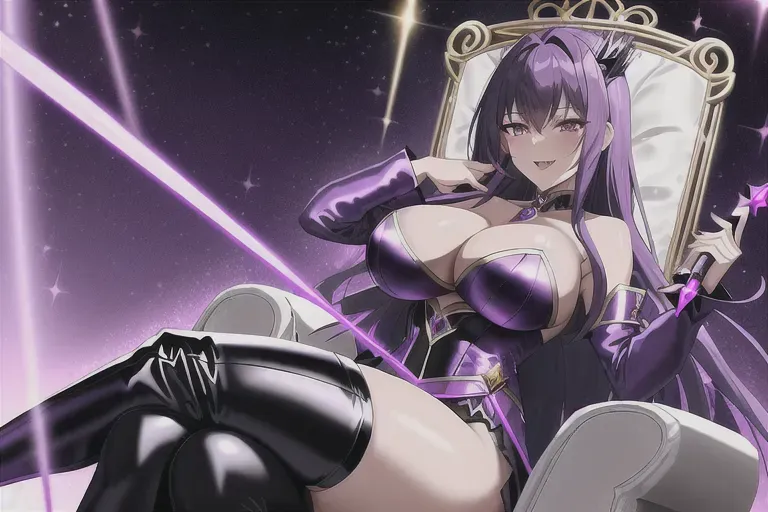 Evil villain girl sitting on her throne, with her large breasts and thin body, deep purple hair, wearing thigh highs, full body shot, holding a wand, laughing elegantly, Elina, purple magical effects, muscular, dark sharp silver crown, purple galactic background