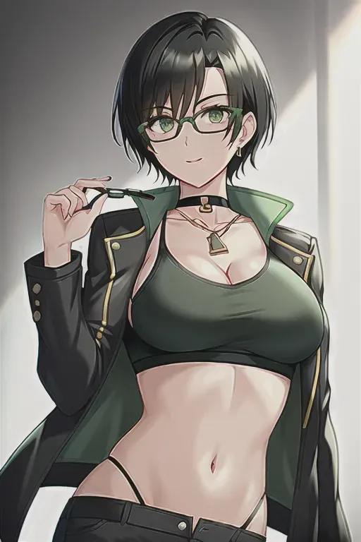 best quality, a girl with short black hair, green eyes, glasses, a choker necklace, large breasts, crop top, shorts, jacket, cute pose
