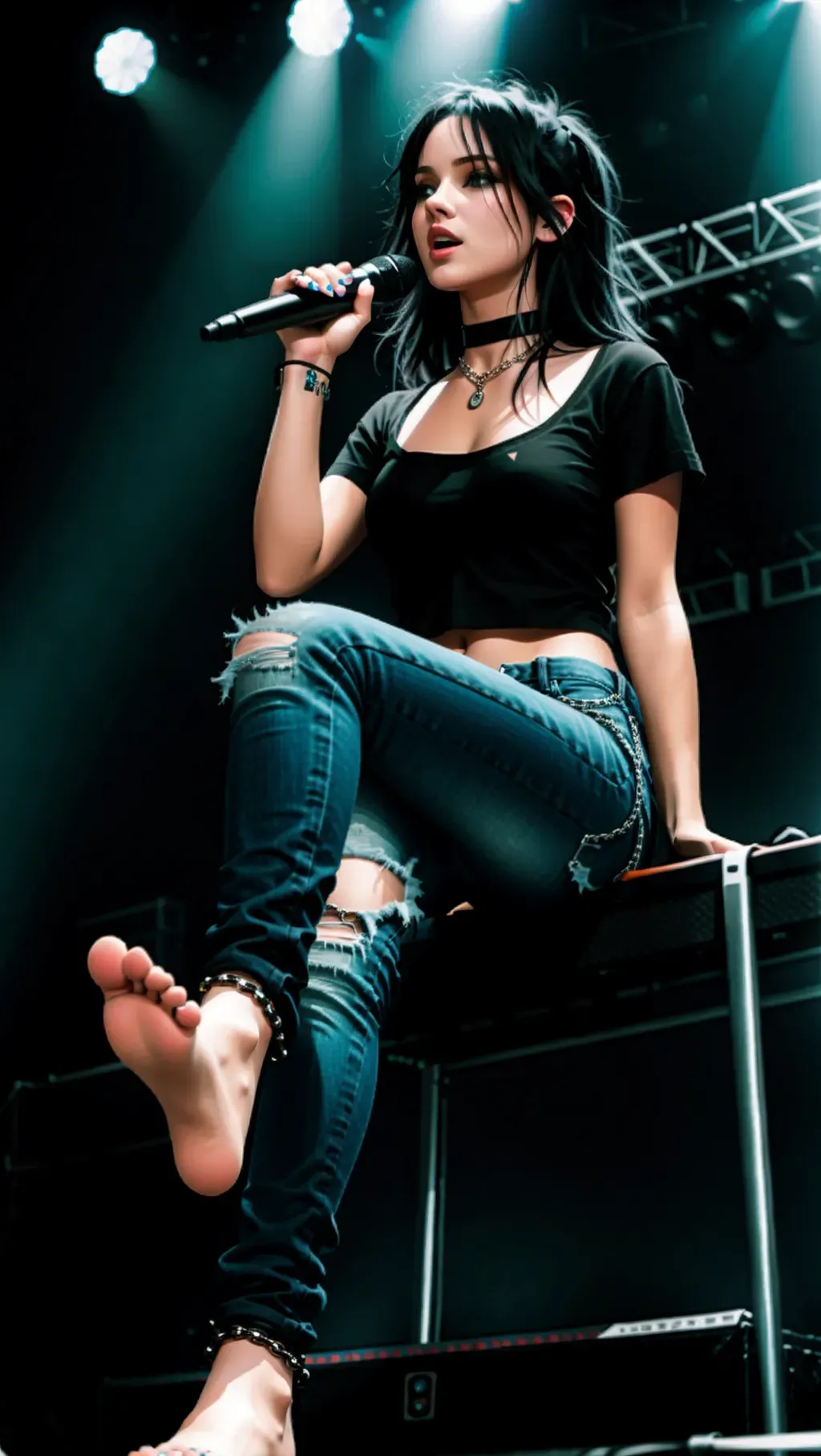 adult topless barefoot white-skinned punk singer girl with dark hair wearing a black t-shirt and wearing long black jeans and wearing fingerless gloves and wearing a choker and wearing chains and wearing toeless socks while in a sitting at the edge of a stage during a rock concert with her feet dangling into the audience hands beneath her, audience grabbing singers feet, bare feet, black nipples, toes, adult girl, long jeans, barefoot, barefoot, toeless socks, wearing toeless socks,