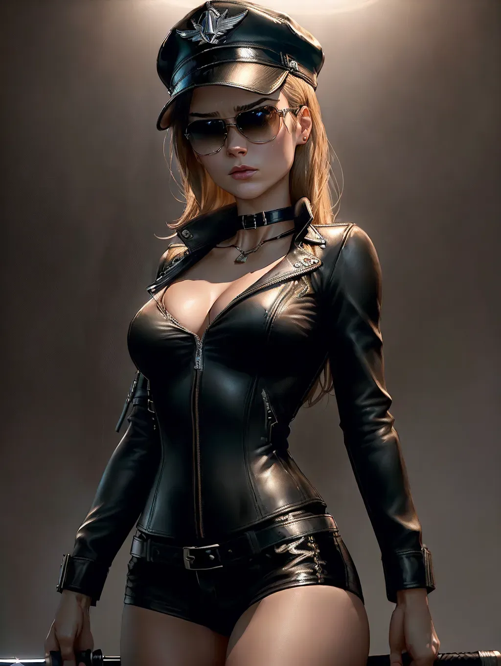 realistic HD photograph ((wide shot)), (((Brie Larson)))((((accurate face)))),(((as a femdom dominatrix prostitute))), (((wearing a leather choker collar with ring)))(((wearing sunglasses)))(((wearing cosplay lingerie)))(((holding a riding crop)))((((wearing a brimmed leather bikers cap))))(((wearing hotpants)))(((BDSM)))((cruel mischievous facial expression)),(((short straight sleek haircut)))(((blunt bangs))), ((very sexy pose)),(((perky breasts))),(((slender athletic body))), five slender fingers, beautiful face, beautiful lips, detailed large eyes, curved eyebrows, cgsociety, cinematic lighting, studio lighting, professional, editorial,
