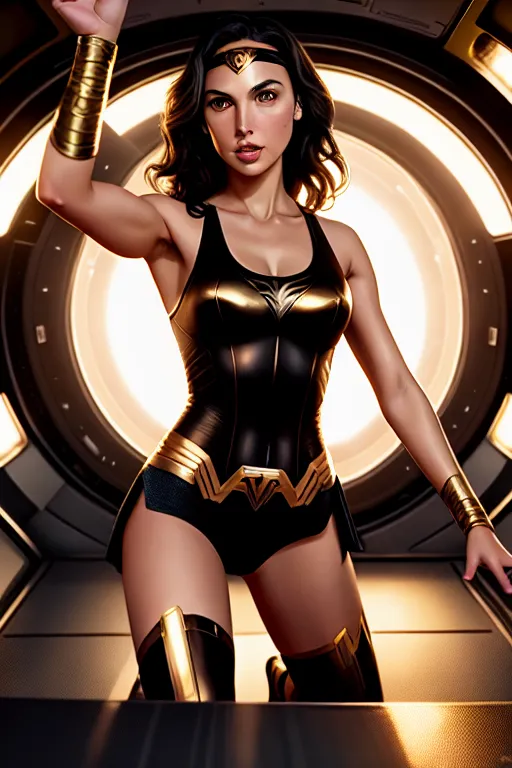 a digital painting of,gal gadot,wearing tank top,squatting,in the space station,small breasts,five fingers per hand,beautiful face,beautiful lips,black eyes,curved eyebrows,textured skin,romantic,wearing golden ring,studio lighting,cinematic lighting,pixiv,ultra realistic,professional
