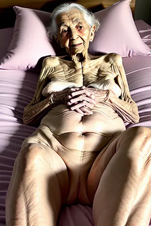 (great grandmother),(nude),(90 years old), skinny, in bed, laying on her back , knees pulled up, (wrinkled skin), (wrinkled legs),(showing pussy)