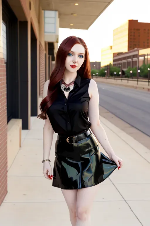 full body, chestnut hair, green eyes, short girl, red miniskirt, black high heels, looking at viewer, long hair, pale skin, black necklace, black shirt, 24 years old, big breasts, cute face, pov, wavy hair, city environment, Oklahoma City, wide eyes, erotic, skirt tug