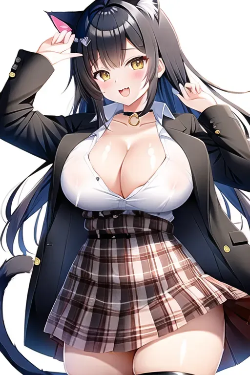 Cat girl, big boobs, black hair, 16, cute, ref plaid jacket