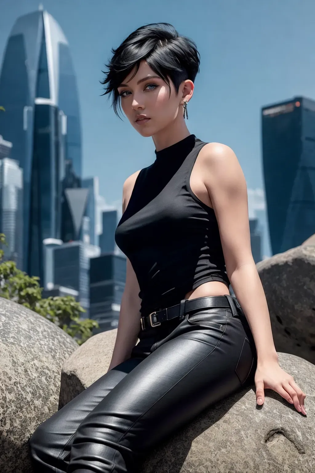 Portrait of androgynous woman with a black pixie cut hair and with cute face, sitting on a boulder that is overlooking a futuristic city, perfect composition, hyper-realistic, super detailed, high quality, trending art, trending on artstation, sharp focus, studio photo, intricate details, highly detailed, by greg rutkowski, sharp eyes, sharp facial features, sharp hair, looking at a futuristic city, has German and English inheritance, sharp blue eyes, curious expression, featured on art station, cute, punk rock bodyguard, looking off to the side, (wearing an untucked black T-shirt), (wearing black skinny jeans), head is in the upper half of the shot, rule of thirds, 16k, UHD, HDR, (Masterpiece:1. 5), (best quality:1. 5)