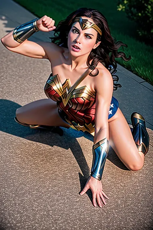 an ultra realistic photograph of Wonder Woman prostrating herself before man