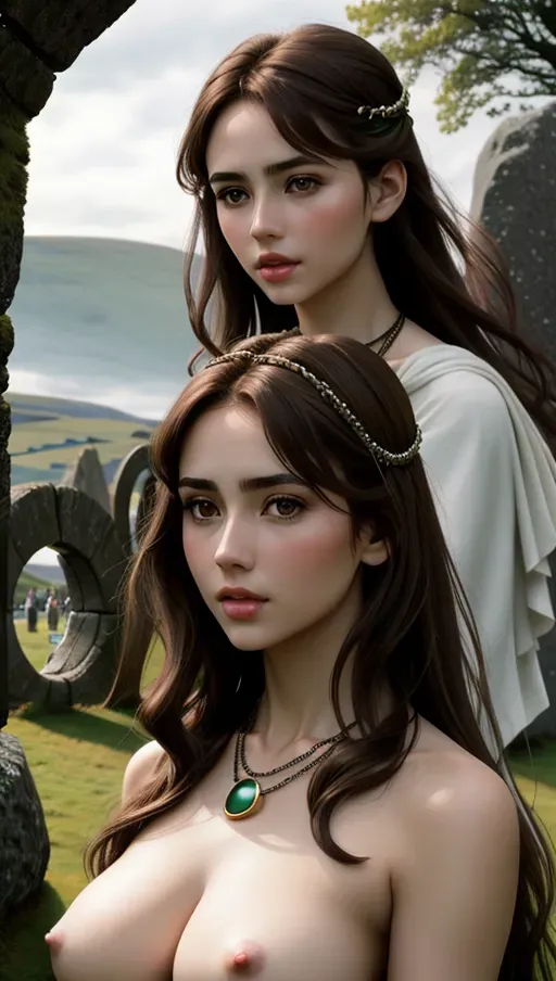 a photograph of,a celtic girl,light brown hair,at the stone circle,naked,amazing breasts,five fingers per hand,silky hair,beautiful face,beautiful lips,black eyes,curved eyebrows,pale skin,erotic,wearing necklace,surreal,editorial,sharp focus,8k,pixiv