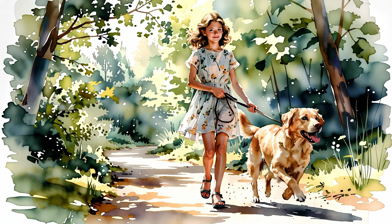 Ultra detailed watercolour painting, masterful detail, colouring, very artistic approach,
PICTURE QUALITY:
"Super high-resolution realistic fantasy art, professional shading, translucent textures, advanced light physics with sharp caustics and volumetric optics, vibrant hue shift, incredibly detailed 8k render."
CHARACTER DESCRIPTION:
"A slender fit young girl Ingrid Bergman with a cute face, medium breasts, thin waist, and smooth skin.
She wears a light summer dress adorned with delicate floral prints and matching sandals. Her expression is one of serene bliss, eyes radiating peaceful contentment."
DOG DESCRIPTION:
"A large golden Labrador retriever with glossy fur, its body arched in a joyful sprint, tongue lolling out to the side, tail wagging with high energy."
ACTION AND POSE:
"The girl walks on a dirt road with a graceful, steady gait, her fingers loosely gripping a leather leash. The dog runs ahead and beside her in an excited trot, paws hitting the ground with purpose. Her body language is fluid and effortless, capturing a moment of harmonious connection between human and nature, her eyes are opened, radiating internal peace and content."
BACKGROUND:
"An early summer morning deep in a forest park filled with lush greenery,. Sharp streaks of sunlight pierce through uneven patterns of leaves and branches, creating a dappled mosaic on the mossy floor. The atmosphere is airy and fresh."
COMPOSITION AND MOOD:
"A wide cinematic side-angle shot following their movement, low angle, making the characters tower over the viewer. The mood is poetic and tranquil, capturing the golden warmth of a morning stroll. Natural textures replace AI slop; every leaf and blade of grass is distinct with five fingers on each hand and perfectly separated human anatomy."