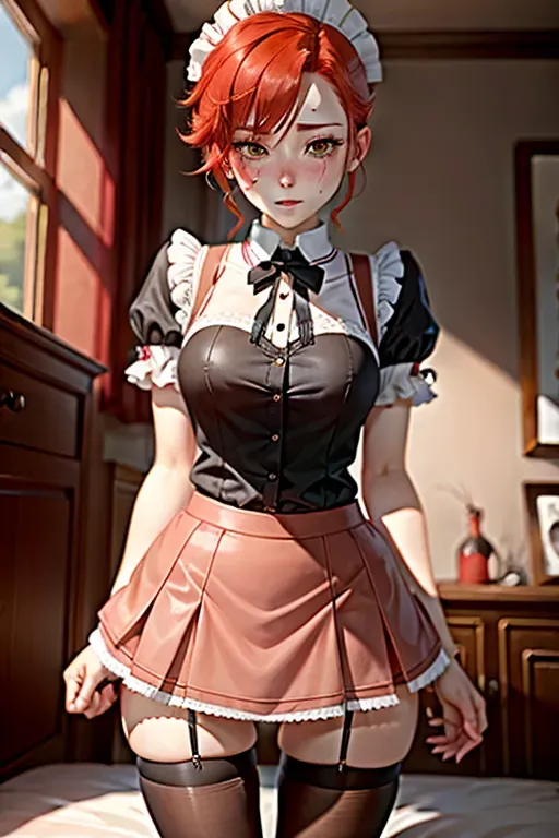 tomboy, blushing, maid outfit, short skirt, red hair, begging, groveling