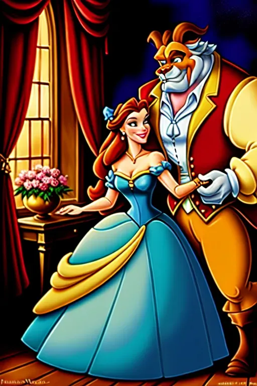 oil painting of disney princess belle and the beast in style of thomas kinkade
