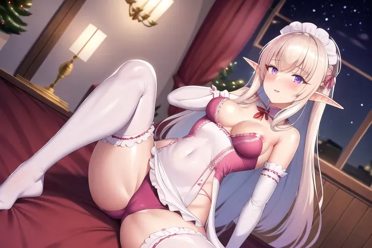wide shot, 20 year old, an elf, slim, maid clothes, pink, university, night, indoor lights, surprised, 8k, professional