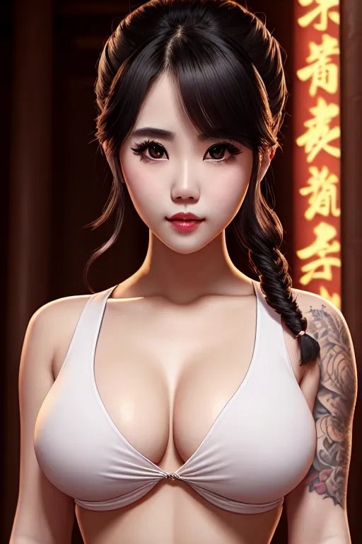 a illustration of,iu,wearing tank top,doing sexy pose,in a temple,small breasts,five slender fingers,fishtail hair,gorgeous face,beautiful lips,detailed large eyes,curved eyebrows,curved eyelid,erotic,tattoo,8k,pixiv,highly detailed,studio lighting,bokeh