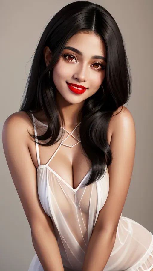 8k High resolution photoreal colored photography of a beautiful Latina woman, smiling,
straight hair, black straight hair,
Natural skin, natural hair, dark brown eyes, big eyes, beauty marks,
High Definition skin, high definition hair, red lipstick,
Wearing a transparent white nighty
