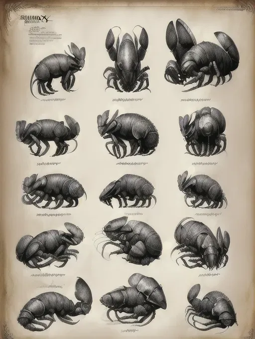 ((8k, high detail, ultra-crisp, high resolution)) character design sheet from fantasy artist ((style of artwork Edward Binkley, ed binkley))
(((Puma mixed with a lobster))
video game concept art))) realistic animal anatomy (( high contrast strong line art))