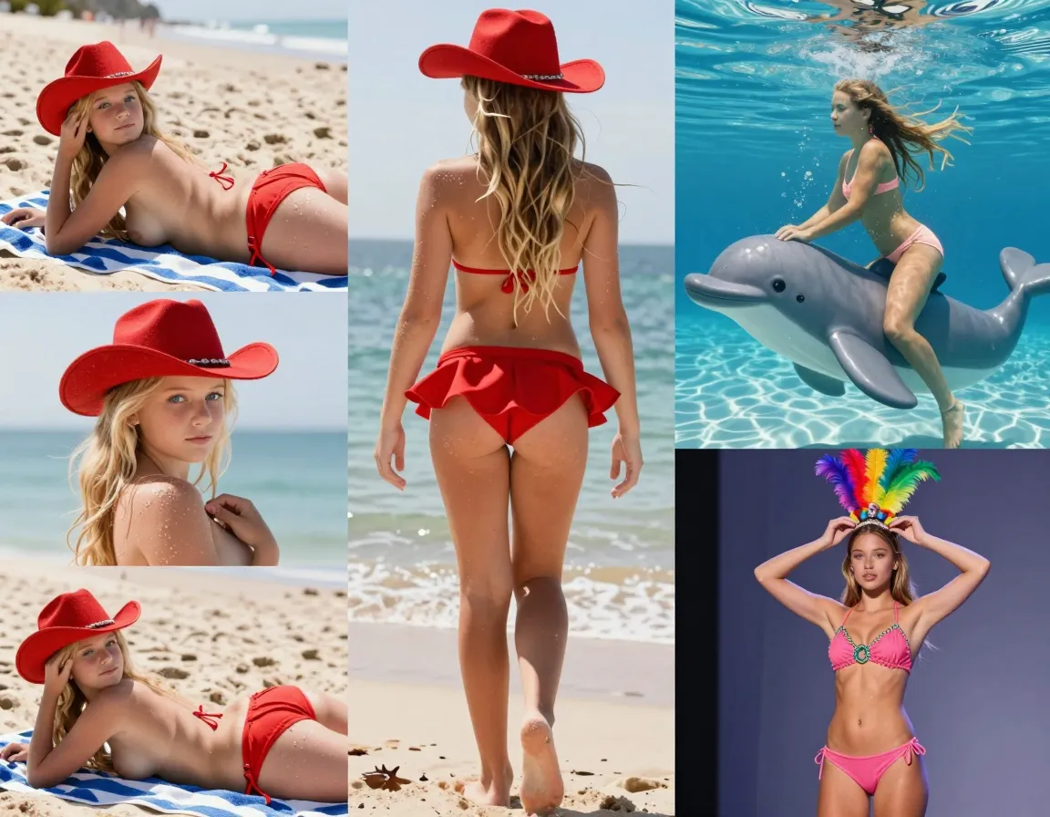 blonde-haired, blue-eyed 13-year-old south african girl with petite hips & virtually flat bottom; laid on a beach towel, wearing a red string bikini bottom and matching cowboy hat, camera slightly above to capture her belly and parted legs with garters visible; another image of her washing her long blonde hair in a warm ocean tide pool, rear viewed in a swim diaper coming undone to reveal her hairless slit and dimpled ass in the backlight; part of a photo series on her cell phone, love the way the camera catches the morning light glinting off the dew on her lower back as she walks home from spending the night at a friend's place in a pair of shorty shorts, her bare, tan legs and ass and pudgy thighs filling the frame as she gazes behind her; a nude selfie in profile, arm across her breasts, hand covering her tiny mound, her other hand reaching into her butt crack to reveal her raised asshole; underwater shot of her in a peach-colored crotchless cotton bottom rodeo-riding a kiddie pool dolphin, her small ass poked slightly out and bottom lip puckered in concentration; split-second pause captured of her walking away, her skirt flipping up to show a pair of hot pink boyshorts barely concealing anything as her perky ass cheeks jiggle in rhythm with each step; a still from a bathing beauty contest video, the angle catching the underside swell of her ass as she adjusts her rainbow feather headdress, showing off her smooth tanned skin and practically no butt dimples as she wiggles her hips seductively for the judges' view.