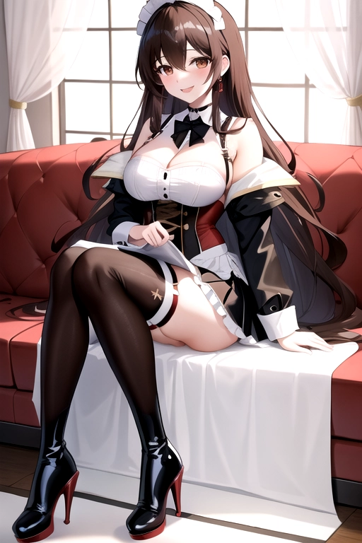 long hair, pale skin, brown hair, brown eyes, black choker, giant H-cup breasts, wavy hair, maid uniform, smiling, full body photo, 28 years old, miniskirt, cleavage, high heels, red corset, 8k quality, red thigh high boots, in living room