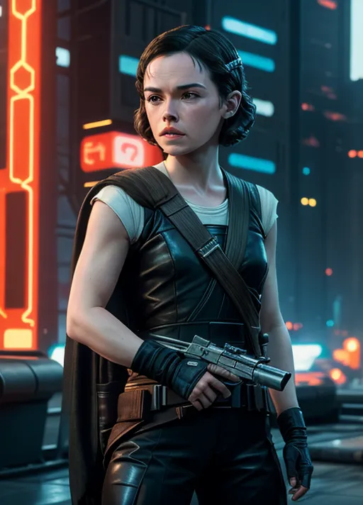 A photograph of, (Daisy Ridley:1.3) as Rey Skywalker), sexy, cyberpunk, outdoor scene,
establishment shot,
