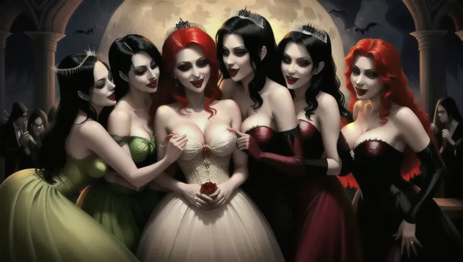 medium shot of the sexy vampire vixens of Dracula hungerly partying with their redheaded victim. Drinking, dancing, kissing, seducing their victim, Crowning her with a bridal veil. on a foggy moonlit night in the shadowy ballroom of a decerped old castle. only three very pale gothic sexy erotic blond and black haired evil vampire vixens fangs gleaming in the moonlight. Beautiful redhead still human victim early mid-thirties moderate breasts good sweet innocent, big soft round eyes, warm smile Anna of Arendelle in a soft green elegant Nordic ballgown.
photorealistic. High resolution