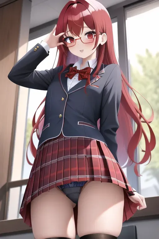 masterpiece, best quality, long red hair with bangs, school uniform, plaid skirt, stockings, starry red eyes, rounded rectangle glasses with black frame, (upskirt), (sexy blue panties), (small breast),