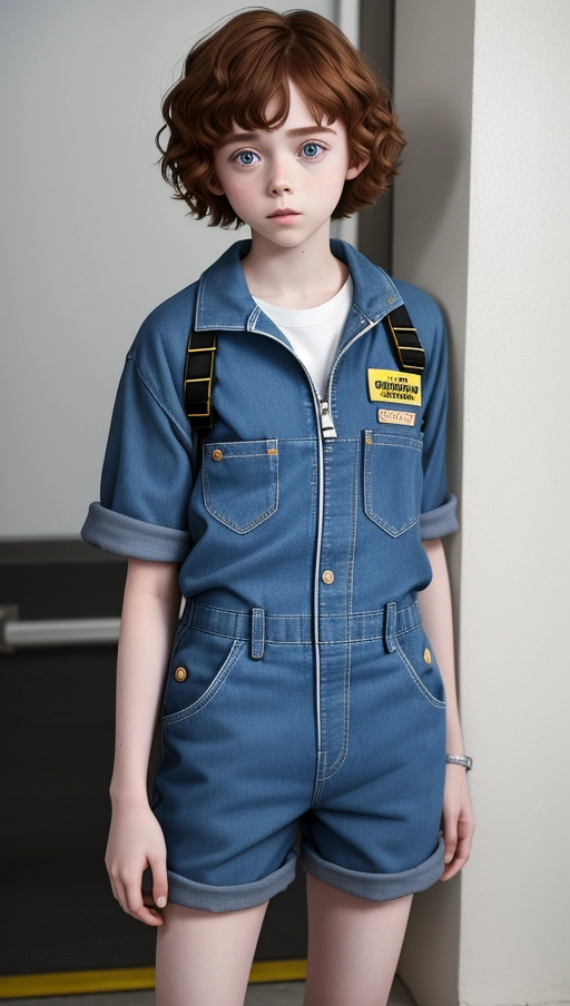 Sophia Lillis as a 14 year old girl, wearing shorts coveralls