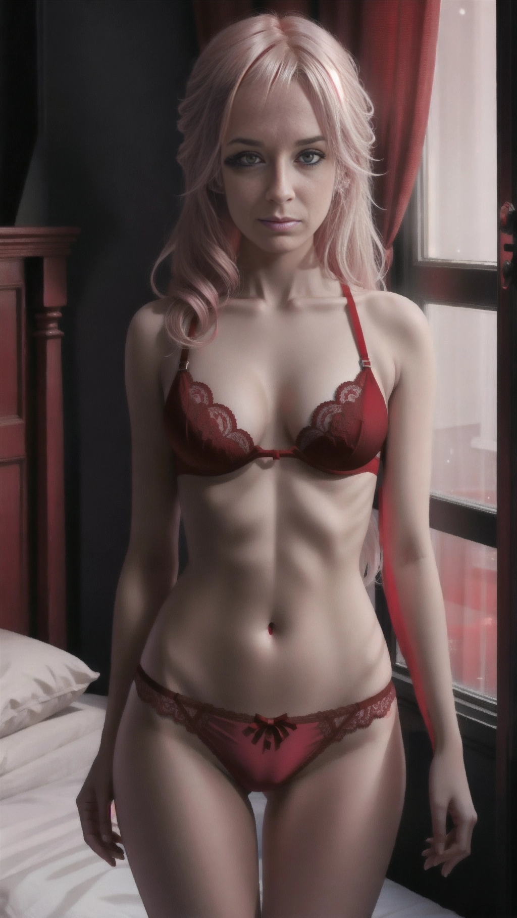 1girl, small breasts, flat chest, daemon, white skin, blond hair, red eyes, bedroom, night time, black and red lingerie,