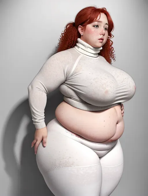 heaving saggy tits, belly hanging over waistband, mommy, milf, covered in freckles, fat belly, an SSBBW woman, extremely obese, redhead, covered in freckles, curly hair, plump lips, puffy lips, belly sagging over waistband, belly reaching knees, belly rolls, love handles, hyper hips, unrealistic proportions, hyper proportions, obese, morbidly obese, very fat, white turtleneck sweater, grey yoga pants, huge belly, huge butt, huge breasts, massive butt, massive breasts, flabby saggy fatrolls, huge and wide body, impossibly obese, heaving belly rolls, belly sagging towards knees, saggy belly