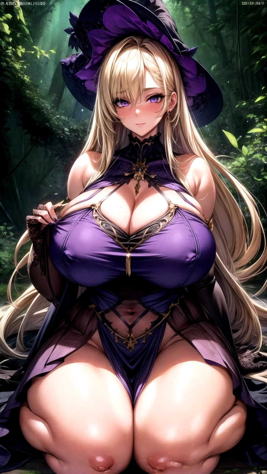 professional, Beautiful, masterpiece, NSFW, hyper detailed, hyper quality, (64K resolution), (HDR), (UHD), ambient lighting, ((forest background)), at night, (1girl), solo, extreme face details, (((whole body image))),
A submissive young Witch wearing a dress, ripped clothing, witch hat, on her knees, ((huge boobs)), (long legs), thick thighs, big butt, bare shoulders, bare neck, slight cleavage, athletic body, 25 years old, looking at viewer, ((blushing)), nipple indents, (((absolutely massive breasts))), ((skinny waist)), (long eyelashes), ((wide hips)), gold blonde hair, ((purple eyes)), ((((detailed eyes)))), <lora:dpmg_add_detail:1.3>,