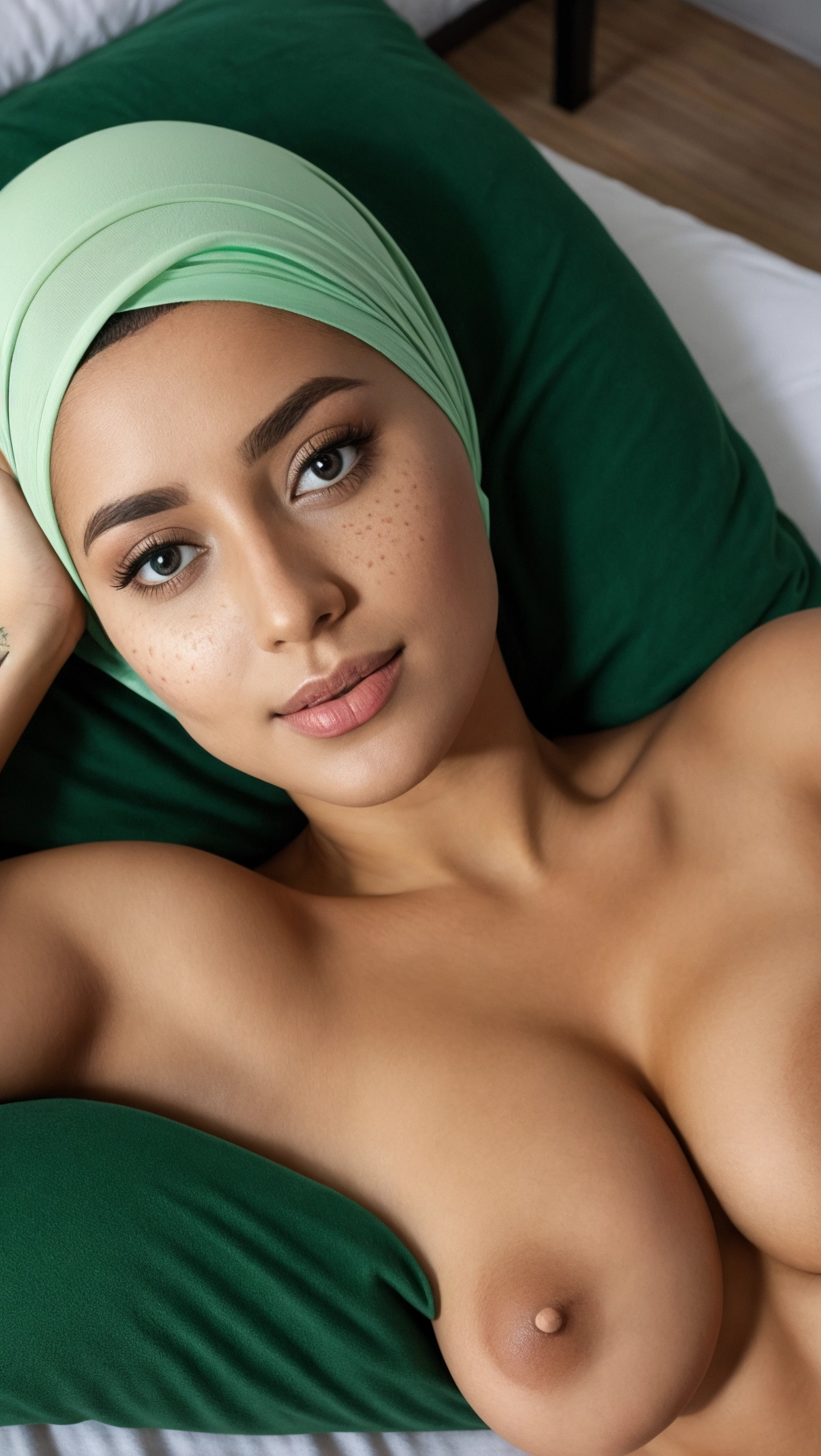Germany, extreme busty and small muslima in bed, low angle few bottom up, shy smile, shining green eyes, freckels, (((lying flat on head))), extreme saggy breasts, hijab, spreading legs, close up