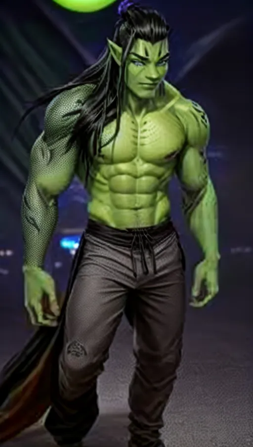 Muscular male, (((green skin))), black tribal tattoos, long black hair, purple eyes, cheerful, gray shirt, gray pants, futuristic clothing, alien
Fullbody view, masterpiece, absurdres, ((((solo focus)))), 8k, perfect edges, ultra realistic, perfect anatomy, low light, perfect face, fine details, realistic shaded, realistic body, photoshoot, male
<lora:dpmg_add_detail:1>