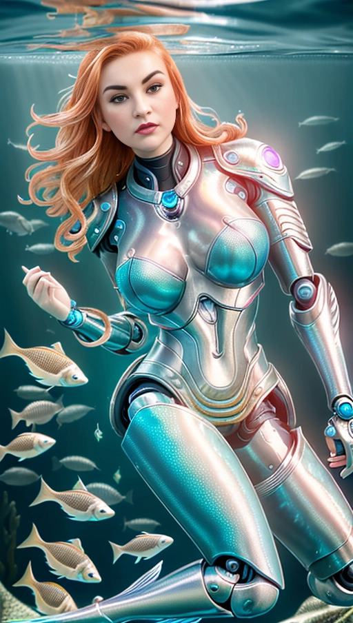 highly detailed styled art, pale metallic skin gleams and reflects light from under the water, long elegant hair, scenic underwater setting, high quality image, highly detailed image, vibrant lighting, realistic skin, detailed hands, detailed face, ((cyborg robot mermaid bikini top over breasts)), (one mermaid with ginger hair), swimming underwater, the mermaid is very detailed, a of fish swimming all around her, shining through the water, a kracken is far in the background, underwater rocks and life,