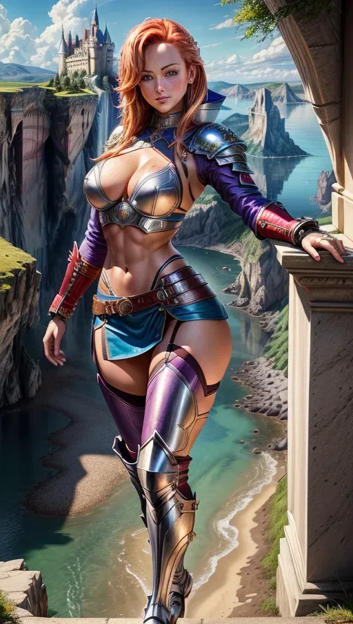 High Resolution, best quality, Artstation style picture of two sexy young women (blonde Olivia Wilde and redhead Dina Meyer) in purple and blue armor, midrif (navel visible), short skirt, knee high leather boots, small breasts, toned and slim body, abs, cleavage, erect nipples, narrow waist, holding sword, sexy smile, short red hair, sensual expression, sharp features, very beautiful, detailed face, detailed eyes, arched eyebrows, freckles, sexual pose,
castle on a cliff next to a lake in the background, forest, sunny sky
two arms, two hands, five fingers, detailed fingers, two legs, two feet, use correct hair colour
<lora:dpmg_add_detail:1.4>, vivid colors, cinematic composition, artificial light, UHD, HDR, highest quality, highest resolution, (photorealist), (photorealism), (masterpiece:1.4)