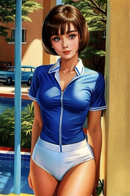 Colour painting of a young Audrey Hepburn ((accurate face)), in nostalgic white and blue gym uniform, ((bare thighs)), smooth skin, sexy butt, fine beautiful body, (detailed skin features),(detailed face features), beautiful face, (detailed body features), beautiful eyes,