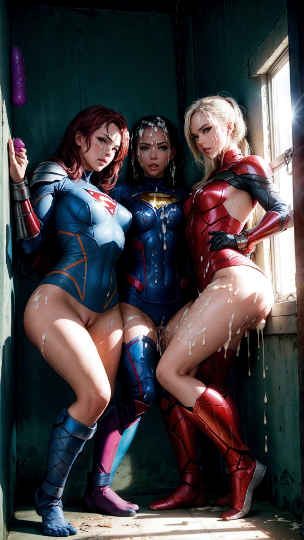 high resolution , three beautiful female Superheroines, sex slaves, (cum:1.2), spread legs, visible pussy, Prison Cell, kneeling or standing, chained to bed, messy hair, show full body, ready for sex, slutty and aroused, erotic, ready for sex, sunlight and shadows,dildos on the wall in the background, <lora:dpmg_add_detail:1>