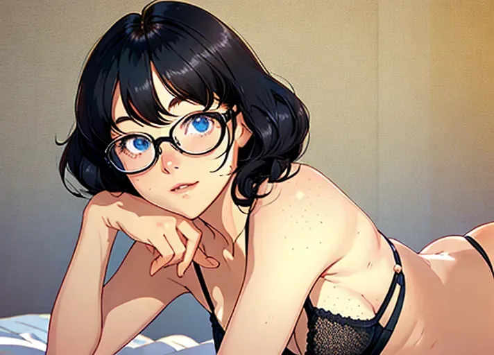 best quality, replicate inspiration face, nsfw, black hair, cute hair, smirk, freckles, flat chest, natural, lean, beautiful, detailed face, cute, crossdressing, lingerie, perfect body, full body, entire body, athlete, beautiful face, anime, futa cock, futa, bulge, sissy, lusty, cute, soft, glasses, 1 girl, 1 boy, romantic