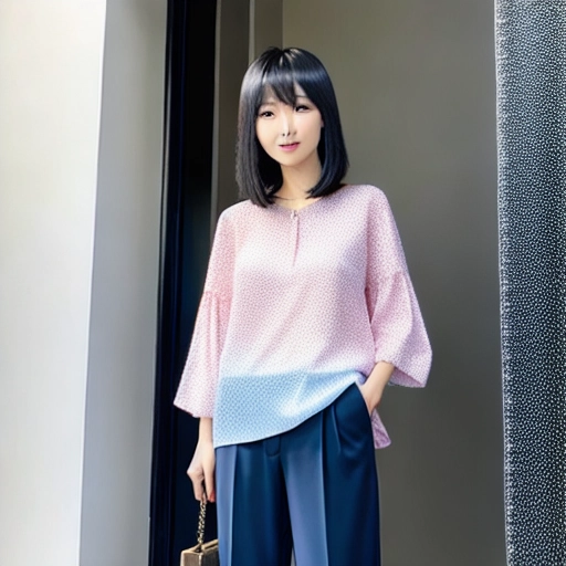 23yo adult asian woman, small waist, long hair, curtain bangs hairstyle, curtain bangs, baggy pants, white sparkly glitter nails, dark hair, dark brows