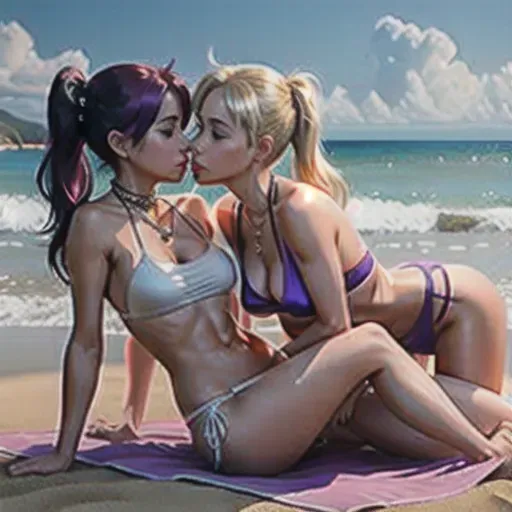 two girls on a sandy beach by the ocean, lying on towels, first girl is a cute and sexy japanese girl with moderate natural breasts and purple hair in pigtail, second girl is a sexy blonde girl with small breasts and hair in pigtails and hands bound with silken scarf, distinct toned abs, dressed in a slim bikini and transparent sundress, silken scarf bound around hands, hand inside bikini thong fondling pussy, ultra realistic face, very thin body, very ultra long legs, very sexy, very thin, partly topless, intense lesbian kissing and fondling pussy and breasts, massaging breasts and sucking on nipple, ultra realistic graphics, 16k, in full body growth in the frame, extatic impression, intense orgasm, face visible, very sexy, in high heels, hairstyle ponytale, legs are visible in full length, silver chain around neck
dpmg_covering_breasts_arms_crossed_v1
