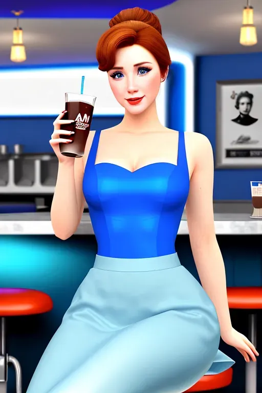 beautiful, Nordic, Anna and Elsa of Arendelle at a 1950 style sock hop. high ponytails tied with a hair scarf. Malt shop. Jukebox. poodle skirts. Elvis. Retro Diner.
Elsa in blue. Elsa platinum blond hair.
Anna in soft green. Anna with auburn hair. ultra realistic. High res. poodle skirts. Seated at the malt shop counter sharing a chocolate shake. Anna with auburn hair.
chrome furnishings highlighted by neon lights.