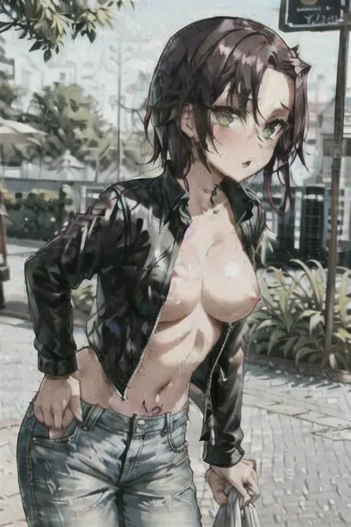goth, tits out, naked, dark red hair, black eyeshadow, jeans, white skin, tattoos, flashing tits, black jacket, blush, pixie cut, pink nipple, green eyes, public, small tits, <lora:dpmg_wet_hair:1>