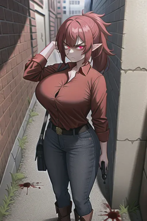 An Woman with big breasts holding a pistol hiding behind a brick wall, she is getting shot at, she is wearing a bright red button up long sleeve shirt, she is wearing dark red jeans, she is wearing black boots, underneath her is a puddle of blood she is standing in, she has an angry and serious expression on her face, she has red hair, and bright red glowing eyes, she has a little bit of blood splatter on her face, she has pointy ears, she is standing in an alleyway