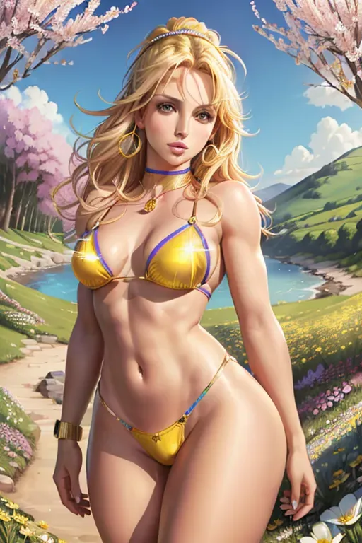 Colour painting of Britney Spears, ((accurate face)), very detailed and jewelled yellow bikini,((bare thighs)), smooth skin, sexy butt,fine beautiful body,((spring landscape with flowers and meadows)),(detailed skin features),(detailed face features), beautiful face, (detailed body features), beautiful eyes,