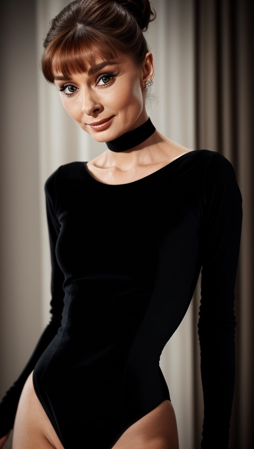 HDR. Canon. audrey hepburn in a professional erotic photo shoot. Highly detailed. Very realistic lighting. (Black leotard).