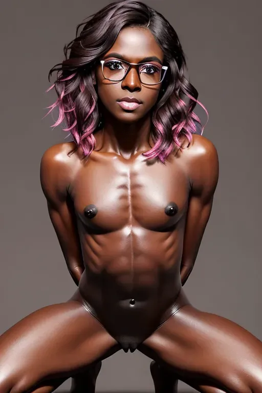 Trans, feminine upper body, slender, skinny, dark skin, brown skin, medium wavy pink hair, blue eyes, glasses, prominent cheek bone, full cheeks, full lips, full dark eyebrow, flat chest, round butt, no shirt, kneeling, side-on to camera, flaccid penis