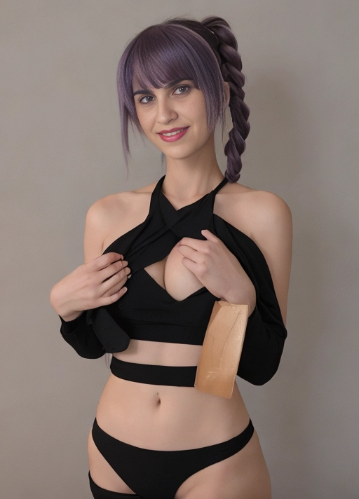 nanakusa nazuna, 1girl, bangs, bare shoulders, black nails, braid, breasts, cleavage cutout, clothing cutout, grin, groin, hair rings, hand on hip, hand up, jacket, light purple hair, long sleeves, looking at viewer, nail polish, navel, open clothes, open jacket, sleeveless, sleeveless turtleneck, sleeveless turtleneck crop top, smile, solo, turtleneck, w, <lora:dpmg_nanakusa_nazuna:1>