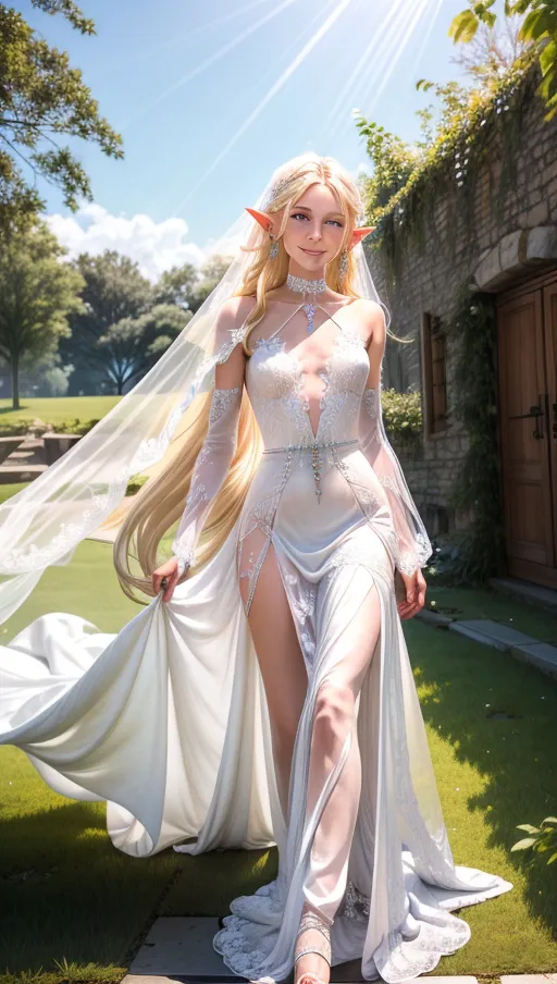 High fantasy, <lora:dpmg_add_detail:1>, Exploring and playing my front yard, the female elf who is a (barely legal) adult, she has a (white silk choker) around her neck. She has extremely long blonde hair, sky blue eyes, moderate sized breasts and fair skin, ((pierced ears)) and is wearing (diaphanous elegant white lace wedding dress). She is walking around the yard looking at me. crepuscular rays, (loving smile on face), fit body