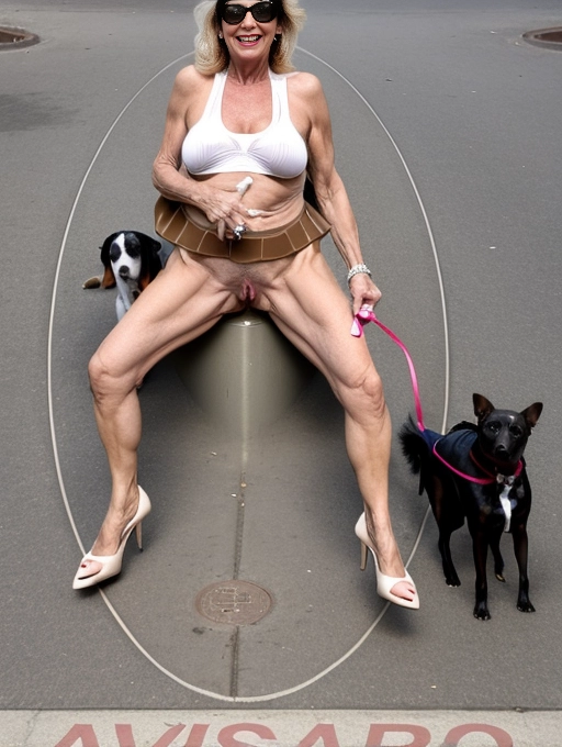 a kinky naked mature woman wears a tiny skirt and spreads her legs to pee openly on the streets of the local park as she walks her dog while wearing a tiny outfit.