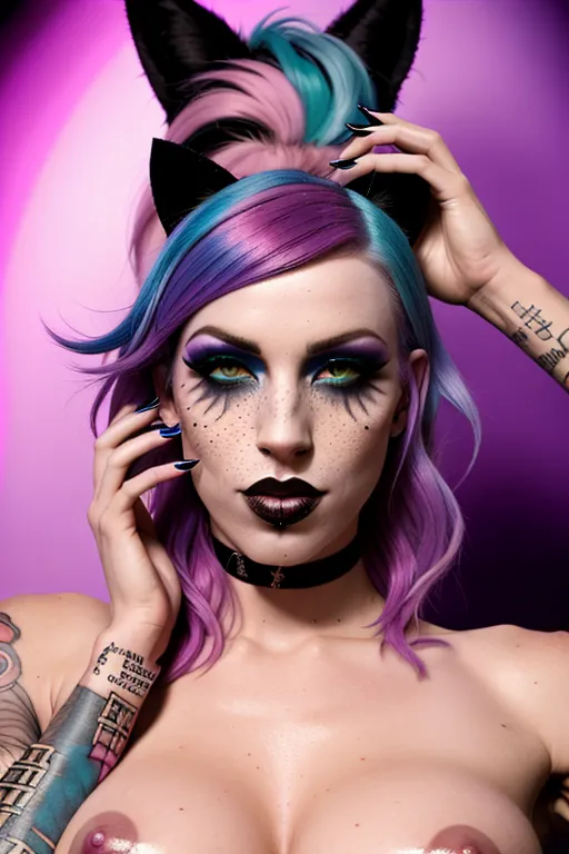 emo girl with cat ears, mesmerizing eyes, freckles, neon tattoos, on a bed totally naked and nude spreading her legs, proportionally sized boobs, gothic decorated, pink wet pussy, cute feet, blue hair, pink nails, no bra no panties, blade runner aesthetic, pretty face, messy makeup, messy hair, highly detailed background, realism masterpiece, confident, lustful, crazy, nymphomaniac, stunning, slender, armpit hair, heavenly lips, pink nipples, shadman style, shadman, dramatic lighting, shy, embarrassed, extremely beautiful and cute emo girl, highest resolution, dpmg_runny_makeup_v1, professional photography, Cinestill 800T Canon 5D DSLR, neon ray tracing,