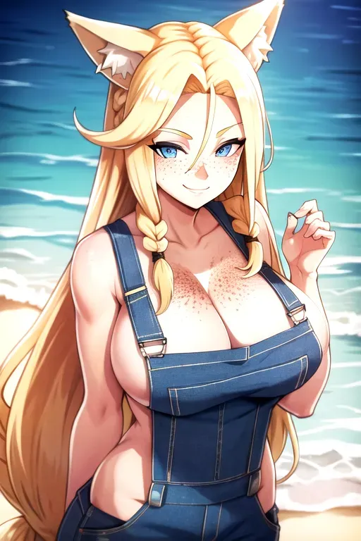 braided hair,long hair,overalls,blonde hair,blue eyes,freckles on cheeks,no shirt,wolf ears,tail,beach,huge breasts,smirk