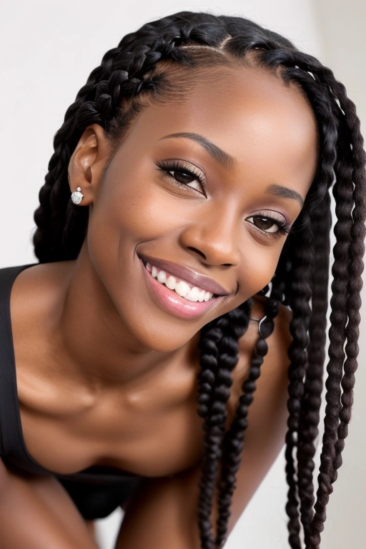 Eye level low angle high detail photo full body shot of a gorgeous skinny black girl , naked, braided hair, (((libidinous smile))),(( lascivious expression)), small natural breasts, photo focus her lower lip, five slender fingers, cute face, beautiful lips, curved eyelid, ultra realistic, smooth, 8k, sexually excited,lustful expression, skinny body, two complete arms